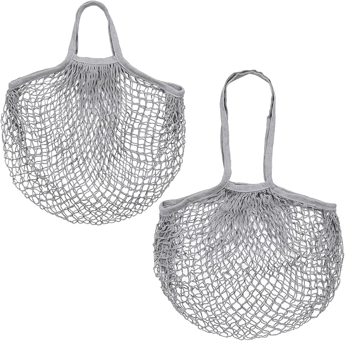 M METERXITY 2-Pack Cotton Mesh Bag, Reusable Washable Mesh Net String Grocery Bags, Reusable Produce Bags with Handle, Net Tote Bag for Fruits/Vegetables Shopping [Gray, Long&Short Handle]