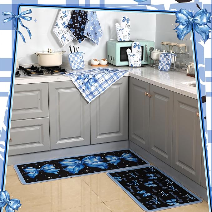 Fourluoo 10 Pcs Blue Bow Kitchen Decor Set Dish Towels Kitchen Rugs Oven Mitts and Pot Holders for Cooking Baking Grilling Women Mom Gift