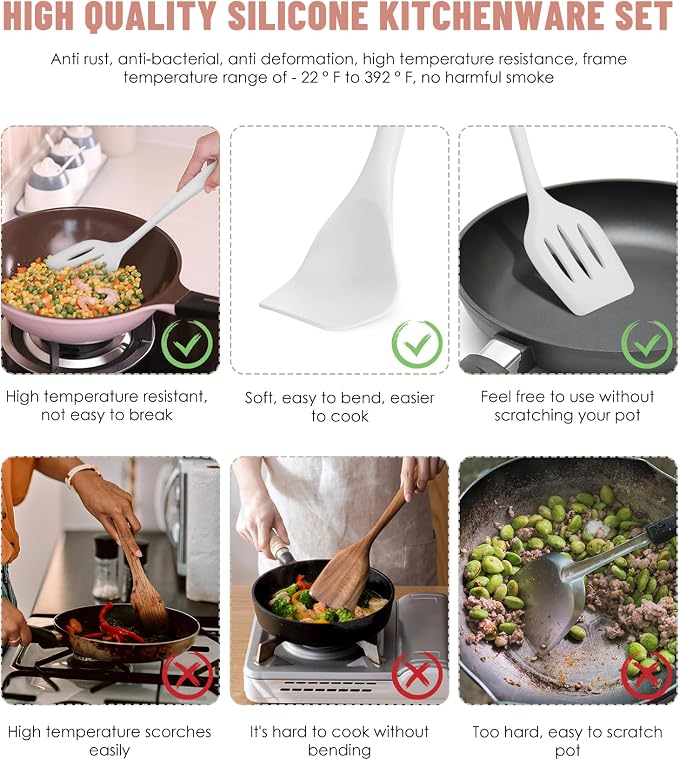 White Kitchen Utensils Set-12 Pieces Silicone Cooking Utensils Set | Dishwasher Safe 392°F Heat Resistant Spatula Set Kitchen Utensil Set for Nonstick Cookware,Best Kitchen Tools with Holder