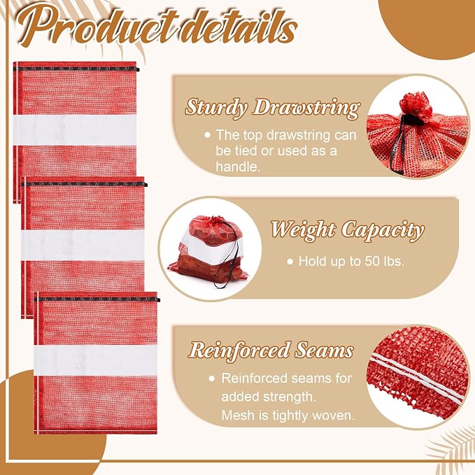 60 Pcs Onion Bags Reusable Mesh Produce Storage with Drawstring Firewood Bags Onion Potato Storage Sacks for Garden Vegetable Fruit Produce Packaging Supplies (22 x 28 Inch)