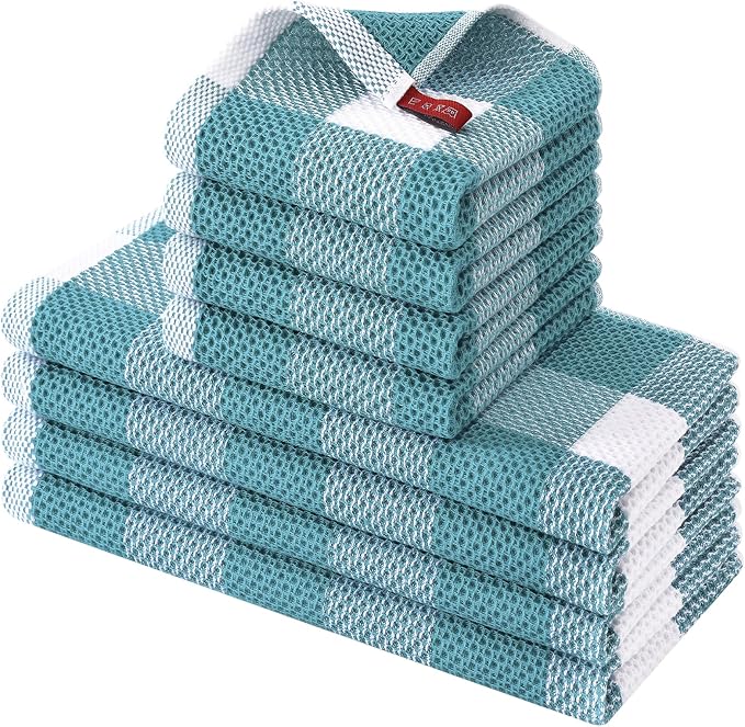 Homaxy Kitchen Towels and Dishcloths Set, Set of 8, White & Lake Blue | Bulk Cotton Waffle Weave Check Plaid Kitchen Towels, Super Soft and Absorbent Dish Cloths, 12 x 12 and 13 x 28 Inches