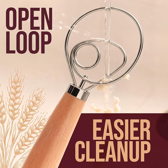 Superbaking 12" Danish Dough Whisk for Bread Mixing | Single Eye Design, Sourdough Bread Baking, Ergonomic Wooden Handle, Bread Making Tools
