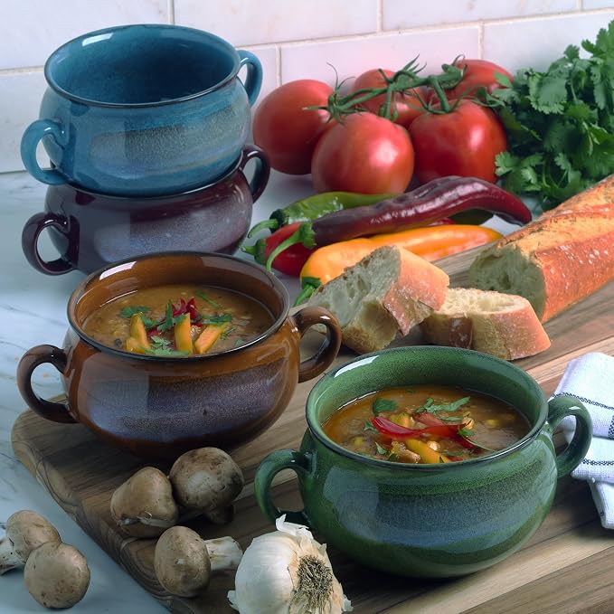 Stoneware 24oz Reactive Glaze Soup Crocks Set of 4: Perfect for soups, stews, and casseroles. Unique reactive glaze, oven-safe, microwave- and dishwasher-friendly with easy-grip handles for serving.