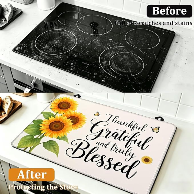 Sunflowers Glass Top Stove Cover Protector,Thankful Grateful Stove Top Covers for Electric Stove,Washable Heat Resistant Cooktop Mat Anti-Slip Range Covers, 28 x 20 Inch