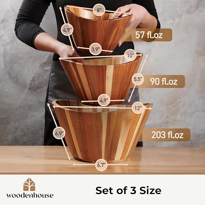 Wooden Salad Bowl Set of 3, Wavy 12" 10" 8" Wood Serving & Mixing Bowls | Handmade and durable with a stylish natural grain; nesting large, medium and small sizes; great for food, fruit and gifts
