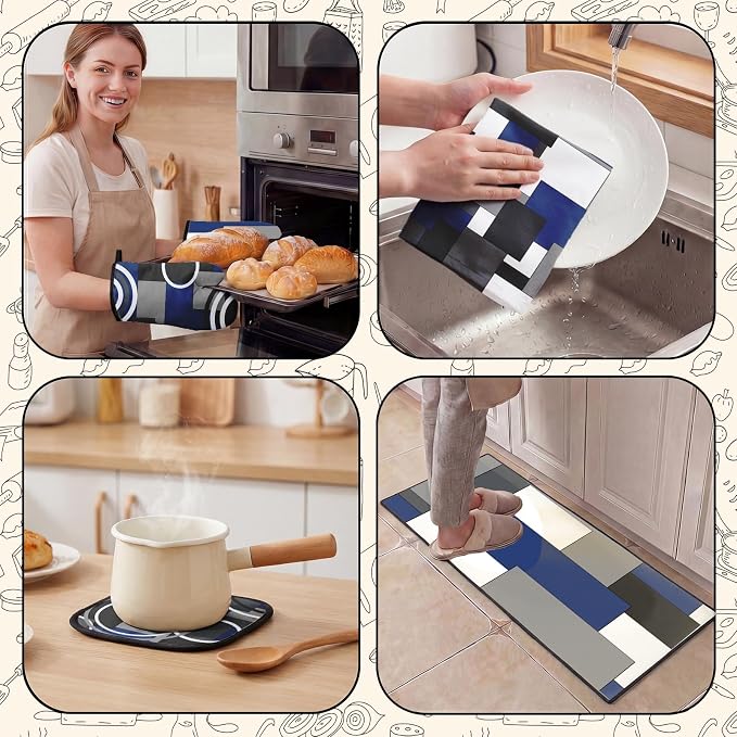 10 Pcs Kitchen Decor and Accessories Set, Navy Housewarming | Blue 4 Dish Towels Kitchen Rugs 2 Oven Mitts 2 Pot Holders, Home Decor for Cooking Baking BBQ Gifts Women Mom Housewarming