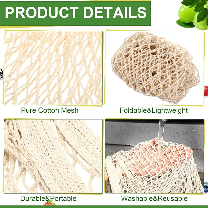 Paterr 80 Pack Cotton Mesh Produce Bags Bulk,Long Handle,Beige | Reusable Mesh Grocery Bags Bulk, Washable Net Market Tote String Shopping Bags, for Vegetable Fruit Beach Picnic Food Storage