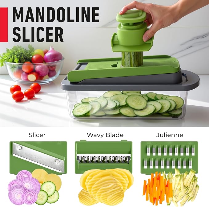 MUELLER HOME Pro-Series 10-in-1 Vegetable Chopper with Container, 8 Blade | Fruit Cutter, Dicer, Tomato Slicer, French Fry Cutter Potato Slicer, Salad Chopper, Gray/Green