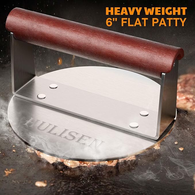 HULISEN Burger Smasher, Stainless Steel Smashed Burger Press, 6 Inch Hamburger Press for Griddle, Heavy-Duty Grill Press with Wood Handle, BBQ Accessories Tool, Weights 1.24 lb, Gift Wrapping | Wood Handle, 2.5 mm Thick Round Base, Thin Patties with Cr...