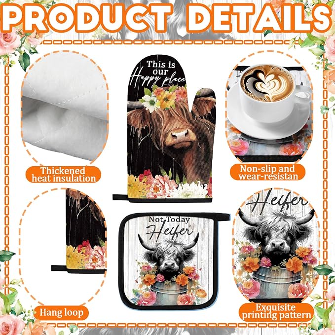 Fourluoo 10 Pcs Highland Cow Flowers Kitchen Decor Set Kitchen Towels and Rugs Oven Mitts and Pot Holders Farmhouse Rustic Decor Set for Cooking Baking Grilling Women Mom Gift