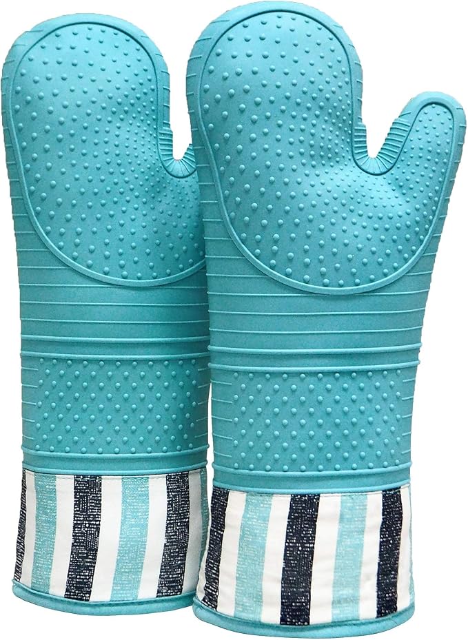 Heat Resistant 550 Degree Oven mitt, Silicone Oven Hot Mitts - 1 Pair | Extra Long Professional Baking Oven Gloves - Food Safe,Pot Holders Cooking,Grilling,Kitchen (Blue Mittens)