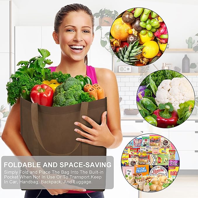 12 Pack Reusable Grocery Shopping Bags Large Foldable Tote Bags Bulk | Eco Produce Bags with Long Handle for Shopping Groceries Clothes (6 Assorted Colors)