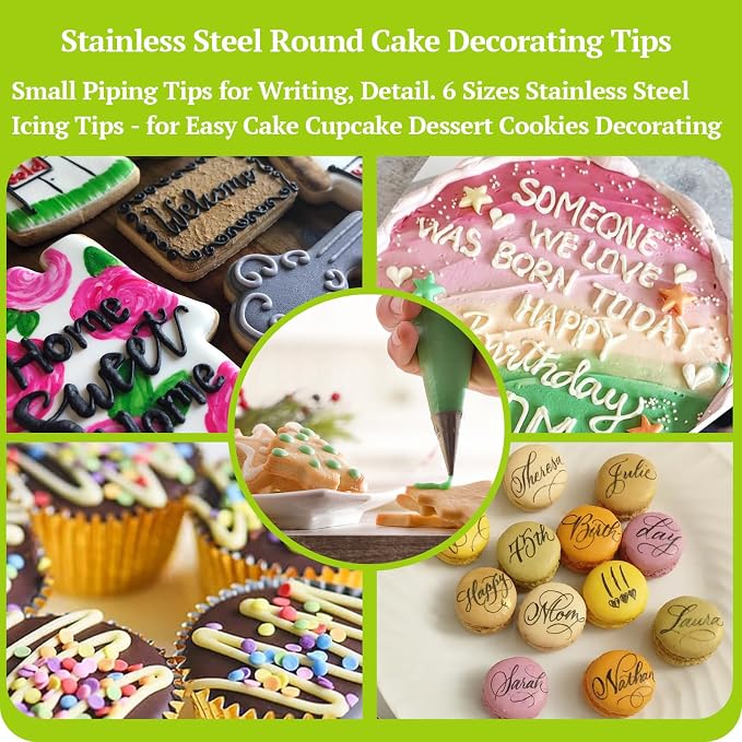 Suuker Round Piping Tips Set, 6-Piece Cake Decorating Tips | 6 Small Round Icing Tips for Lettering, Dots, Borders and Detailed Cake, Cupcake and Cookie Decorating