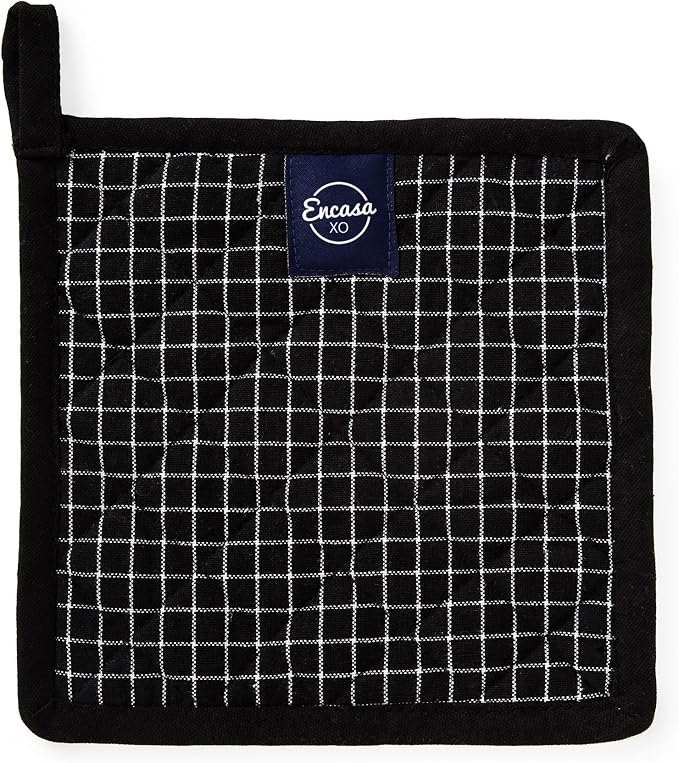 Encasa XO Pot Holders, Quilted Kitchen Hot Pads 8"x8" Butcher Checks Black | 100% Eco-Friendly Cotton | Thick Cotton Padding Insulation | Convenient Hanging Loop | Set of 2