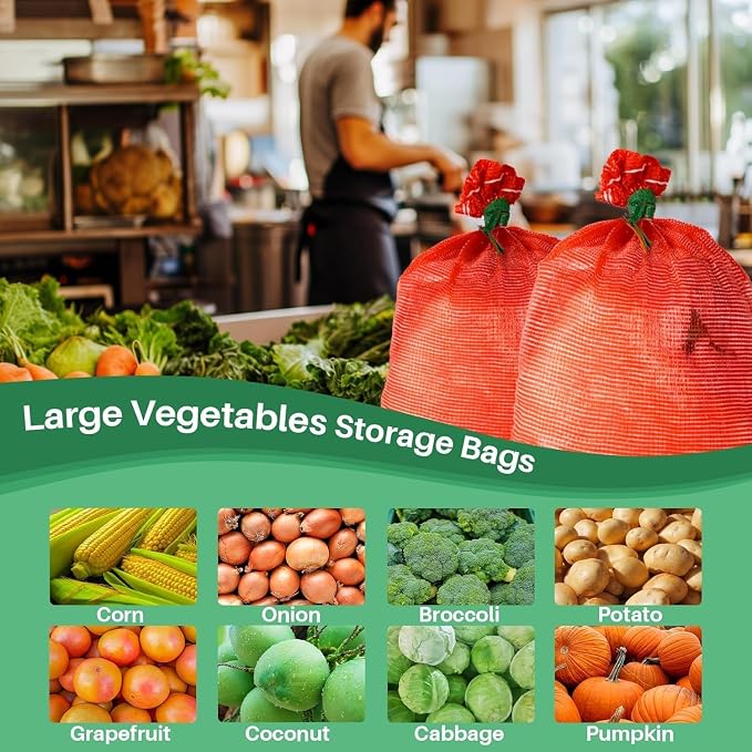 10 Pack 60 lb Mesh Onion Bags, 20"×30" Mesh Produce Bags Hanging Reusable Breathable Vegetable Storage Net Bags with Drawstring for Onions Potatoes Citrus Crawfish