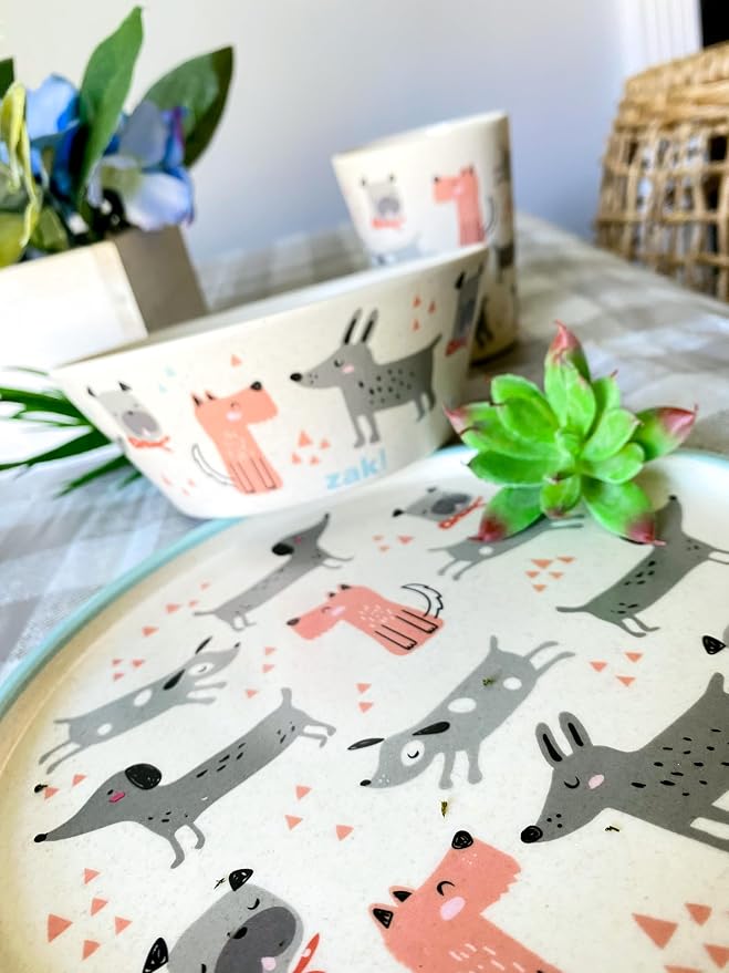 Zak Designs Kids Dinnerware Set 3 Pieces, Durable and Sustainable Melamine Bamboo Plate, Bowl, and Tumbler are Perfect For Dinner Time With Family (Dog)