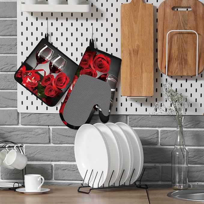 Red Wine Rose Candle Oven Mitts and Pot Holders Sets of 4 Silicone Oven Mitts Gloves Heat Resistant Non-Slip Grip Kitchen Mittens Potholders for Cooking Baking Grilling BBQ (Red)
