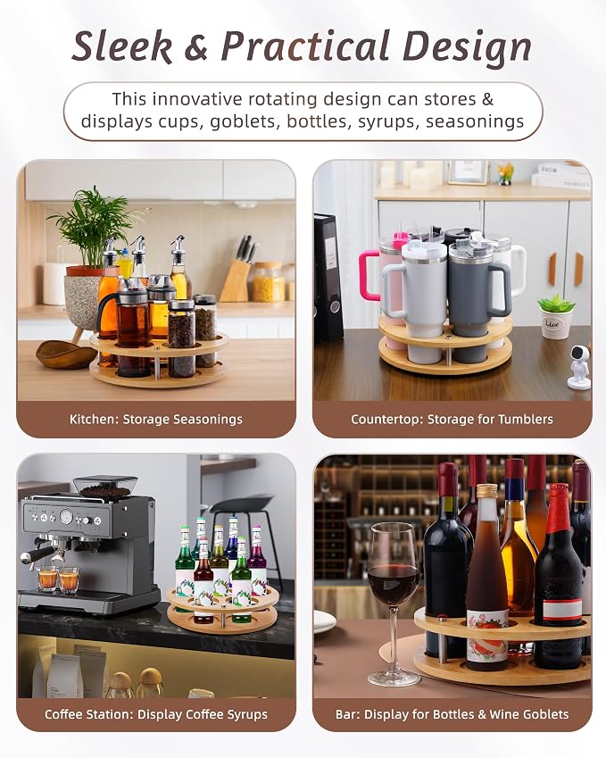 2Pack Rotating Wood Tumbler Organizer, 30 oz 40 oz Spinning Turnable Tumblers Holder, 360° Rotatable 7 Large Cups Bottle Tumbler Storage Display Stand, Rotate Syrup Organizer for Cabinet Countertop