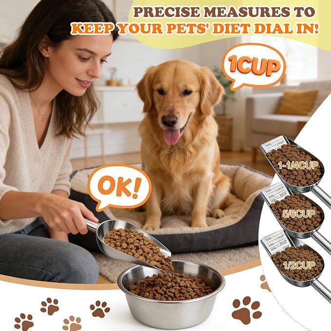Dog Food Scoop Stainless Steel with Long Handle, Precise Measuring Cups | 1.5, 1 1/4, 1, 3/4, 1/2 Cup, Pet Scoop for Cats, Rabbits, Animals, Metal Spoon for Dog Food Storage (1.5CUP)