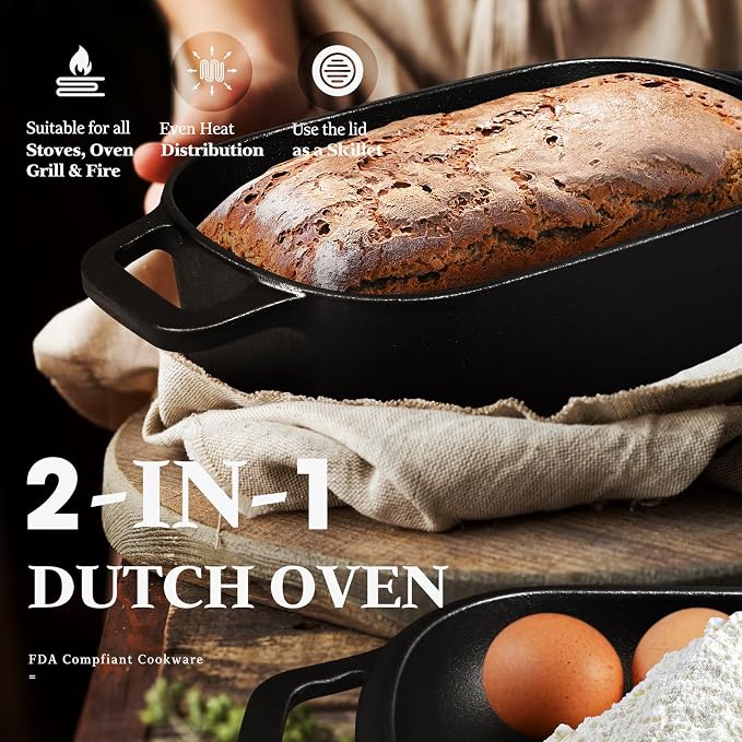 Cast Iron Sourdough Loaf Pan with Lid, Oval Dutch Oven for Bread Baking | Pre-Seasoned Sourdough Baking Supplies Kit, Cast Iron Dutch Oven for Homemade Bread, Sourdough Bread Pan