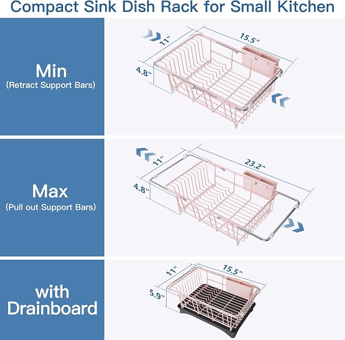 JASIWAY Pink Dish Drying Rack in Sink with Drainboard and Utensil Holder | Use Over the Sink or Counter, Stainless Steel Expandable Dish Drainer for Small Kitchen, Space Saving, Fast Drain, Rustproof