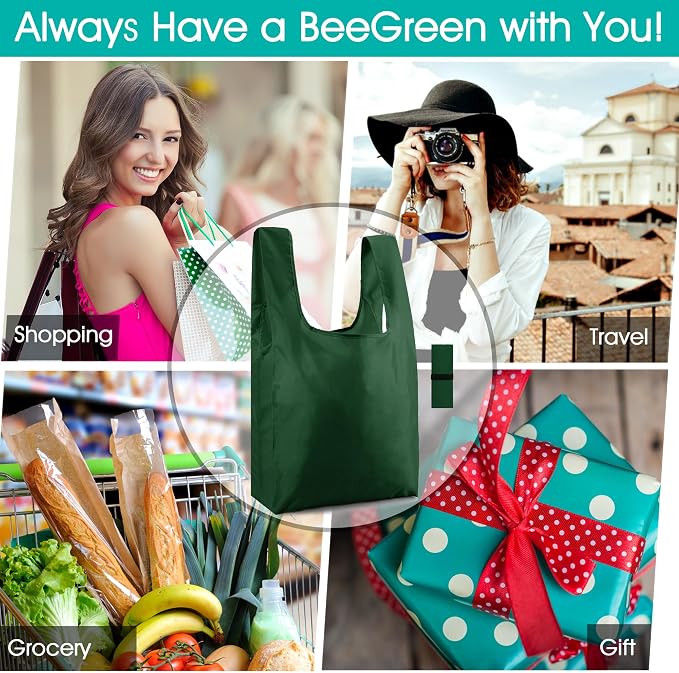 BeeGreen Christmas Green Reusable Grocery Bags with Zipper Storage Pouch 10 Packs Dark Green Reusable Shopping Bags Bulk Foldable-Machine Washable