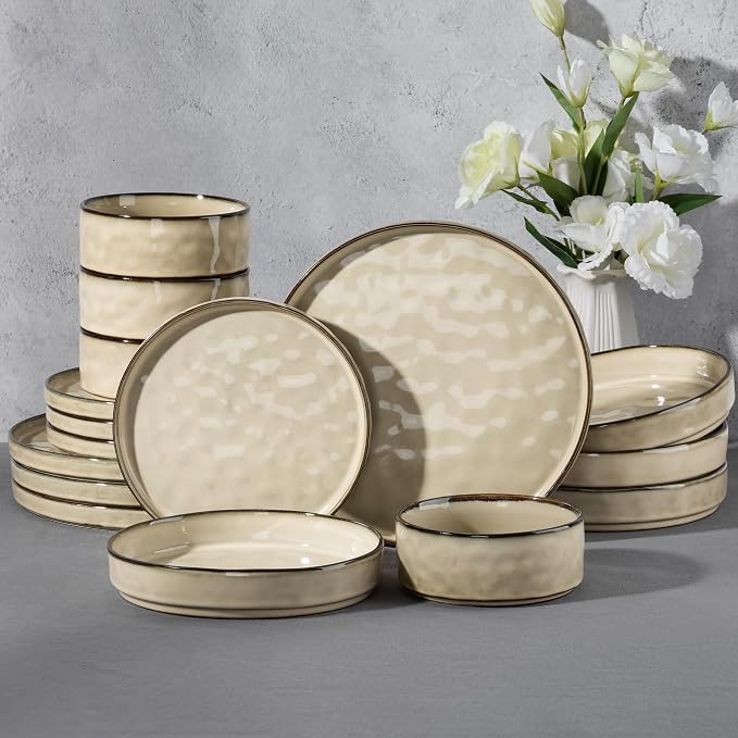 E-far Stoneware Dinnerware Set, 16-Piece Plates and Bowls Sets for 4 | Modern Dishes for Kitchen Dining, Reactive Glazing Ripple Design, Chip Resistant, Microwave & Dishwasher Safe, Sandy Khaki