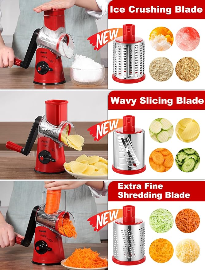 Geedel Rotary Cheese Grater Vegetable Shredder With 6 Interchangeable Blades No Slip Suction Base, Mandoline Slicer & Food Chopper for Cheese, Ice, Nuts, Vegetables, Veggie