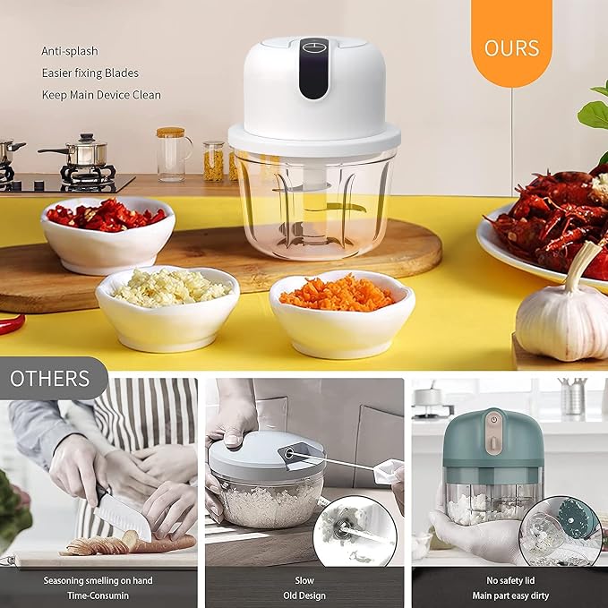White 3 CUP Electric mini garlic crusher, USB rechargeable portable electric food crusher, wireless small kitchen processor for crushing garlic, ginger, chili, minced meat, onions, etc.