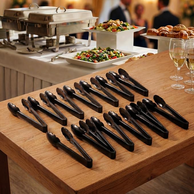 24 Pack Plastic Serving Tongs, 9 Inch Black Heavy Duty Buffet Tongs | Disposable & Reusable, Scalloped Tips, Heavy Duty, For BBQ, Catering, Buffet, Parties, Bulk Food Service