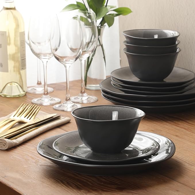 Gibson Elite Port Barton Plates and Bowls Sets, 12-Piece Stoneware Dinnerware Sets, Reactive Glaze Dish Set - Black
