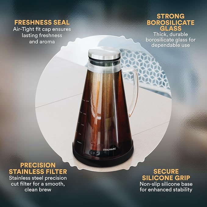 OVALWARE Airtight Cold Brew Coffee Maker with Tea Infuser & Spout 1.5L/51oz | Borosilicate Cold Brew Coffee & Iced Tea Maker with Removable Strainer & Spout | Ideal for Home Baristas & Tea Enthusiasts