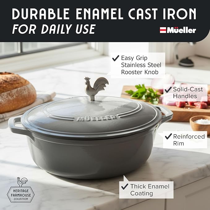 MUELLER HOME 5.5 Quart Enameled Cast Iron Oval Dutch Oven with Rooster Knob & Cotton Potholders, Heavy-Duty Cookware, Oven-Safe up to 500° F & Across All Cooktops, Gifts for Grandma & Women, Gray | Rooster Knob, Cotton Potholders Included, Oven-Safe up...