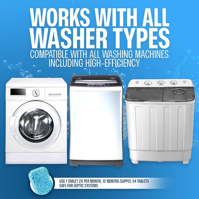 Sudstainables Washing Machine Cleaner Tablets, 24 Count | Eliminates odor, residue and buildup in front load, top load and HE washing machines.