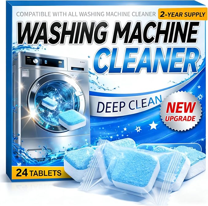 Enzyme Washing Machine Cleaner Tablets (24 Pack) – Protease Laundry Machine Cleaner Descaler for HE, Front Load & Top Load Washer, Deep Clean, Removes Odor, Fur, Residue & Buildup (2-Year Supply)