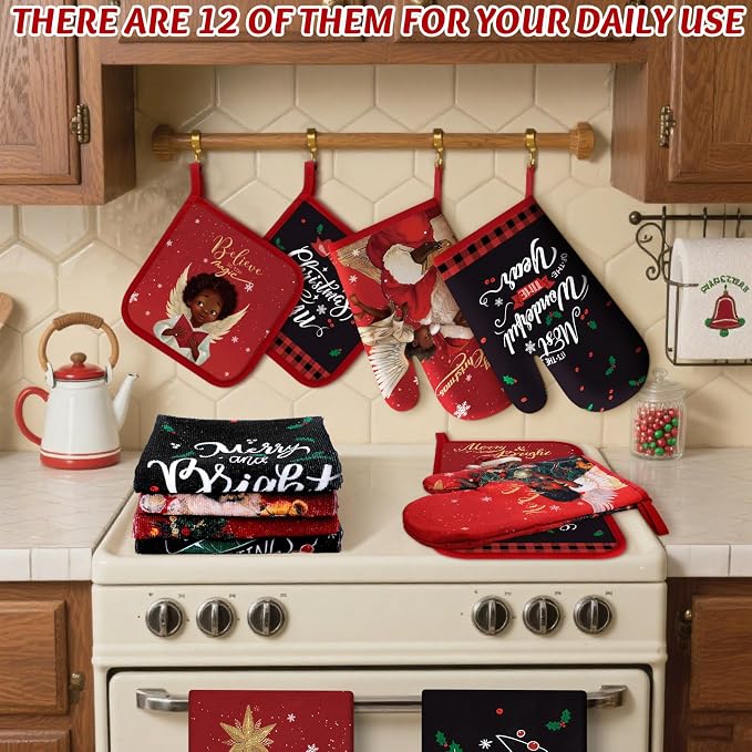 SiliFine 12 Pcs Christmas Kitchen Towels Pot Holders and Oven Mitts Set 4 African American Dish Towels 4 Buffalo Plaid Oven Mitts 4 Black Santa Claus Angel Potholders for Xmas Dish Baking Decorative