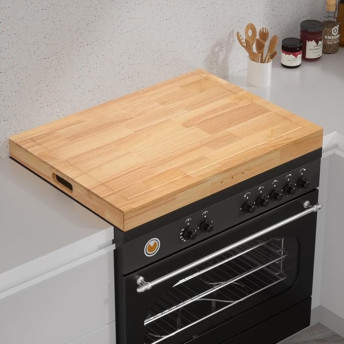 Buruis Rubberwood Stove Cover for 28.82 x 20.83 Inch Gas & Electric Stoves | Noodle Board Design with Juice Groove, Extra Counter Space, Built-In Handles, Multi-Purpose Kitchen Serving Board