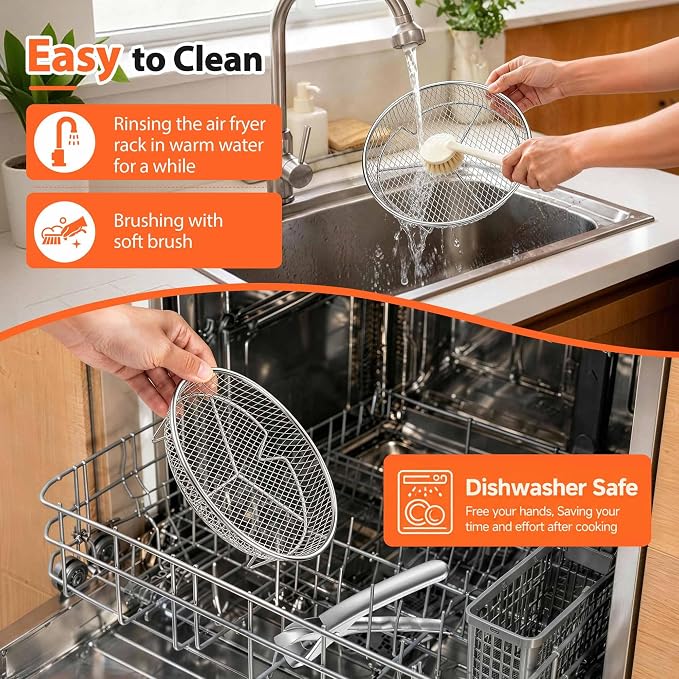 P&P CHEF 7.9'' Round Air Fryer Rack Set of 3, Air Fryer Basket for Grill | Stackable Stainless Steel Air Fryer Accessories for Roasting, With Anti-scalding Clip & Silicone Feet, Oven & Dishwasher Safe