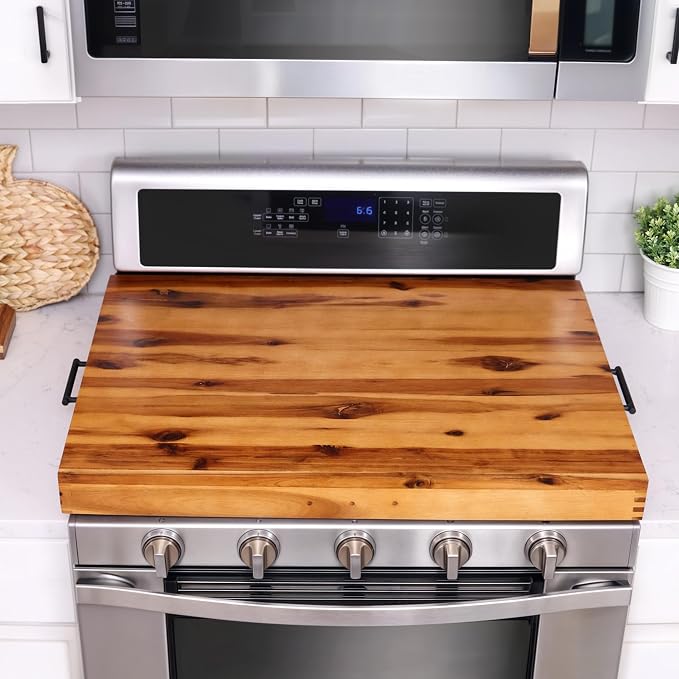 TIDITA Stove Top Covers for Electric Stove, Noodle Board, 30”x22” (Outer) | 28.9”x20.8” (Inner), Acacia Wood, Metal Handles, Non-Skid Pads, Noodles Board Stove Cover , Multi-Use, Easy Assembly