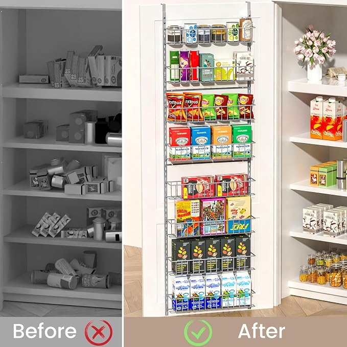 ElegantArray 8-Tier Pantry Door Organizer, Light Gray | Over The Door, Hanging Spice Rack Shelves, Home Office Laundry Room Bathroom & Kitchen, Storage Rack