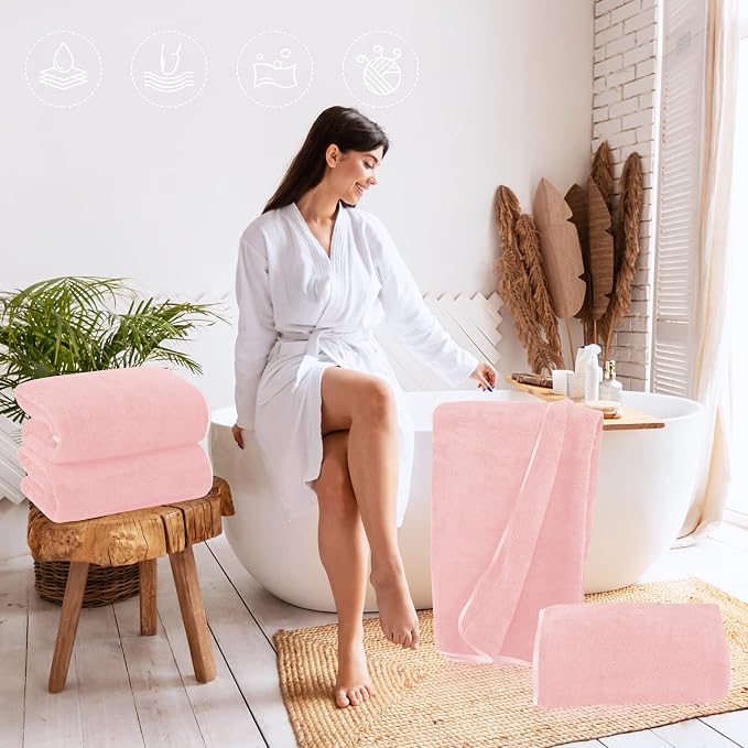 TENSTARS Silk Hemming Bath Towels for Bathroom Clearance - 27 x 55 inches - Light Thin Quick Drying - Soft Microfiber Absorbent Towel for Bath Fitness, Sports, Yoga, Travel, Gym - 2 Pack, Pink