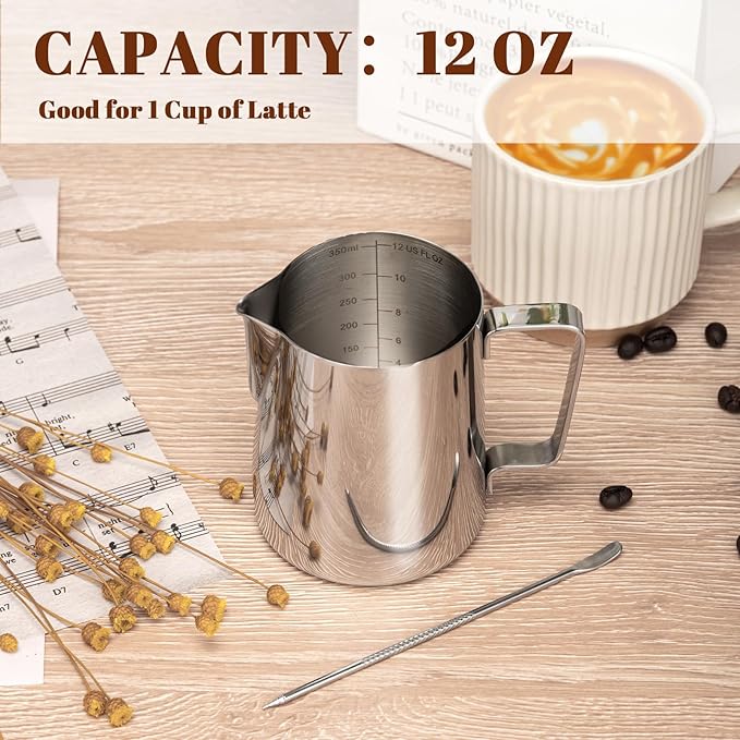 Amrules Milk Frothing Pitcher 12oz Frother Cup Barista Tools, Silver | 18/8 Stainless Steel, 12oz Capacity with Clear Scale, with Decorating Pen, Ergonomic Handle, for Cappuccino, Latte & Espresso