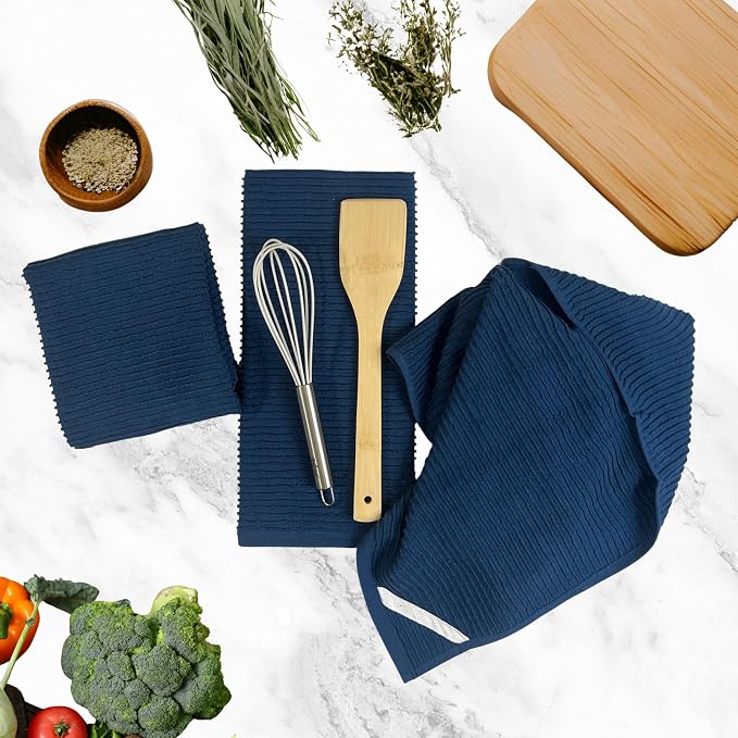 Royal Navy Blue Kitchen Hand Dish Towels, Set of 3, 100% Cotton, 18" x 28" | Terry Loop Ribbed Textured, Soft & Absorbent Cleaning Cloth, Quick Dry, Multipurpose for Everyday Use