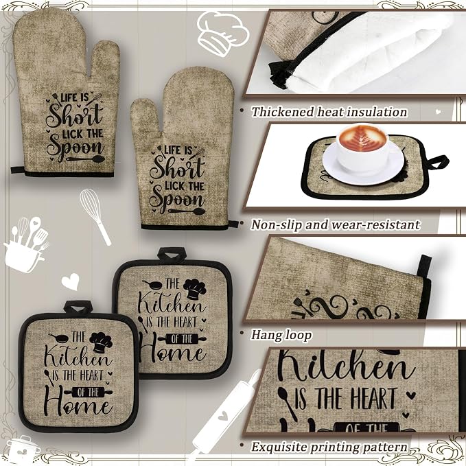 Fourluoo 10 Pcs Attractive Style Kitchen Dish Towels Rugs Oven Mitts and Pot Holders Set Farmhouse Kitchen Decor Set for Women Mom Daughter Gift Cooking Baking Grilling (Rustic Farmhouse)