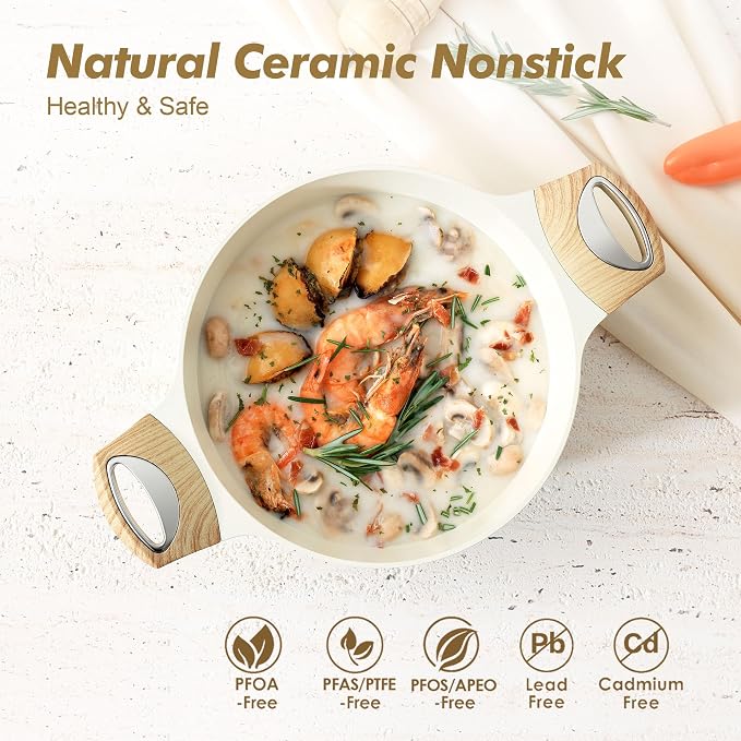 SENSARTE Ceramic Nonstick Stock Pot with Lid, 2.6/4.5/6.6/8.5/11 QT Soup Pot Casserole Pot, Non-toxic Healthy Pasta Pot, Large Cooking Pot Stew Pot, Induction Compatible, PFOA PFAS PTFE Free, White