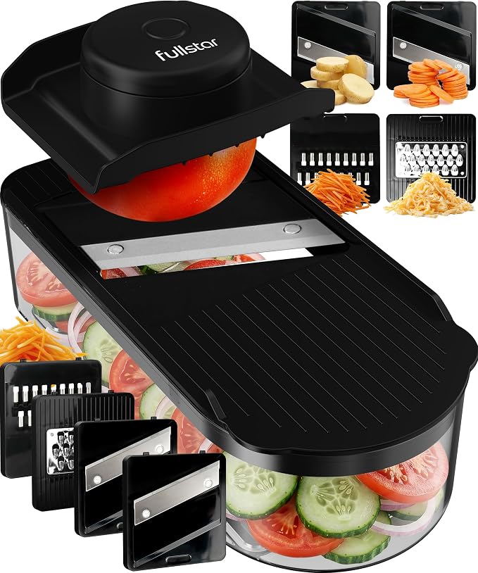 Fullstar Essential Mandoline Vegetable Slicer & Julienne Cutter | 4 in 1 Compact Fruit Cutter, Cucumber Slicer & Cheese Grater, with Stainless Steel Blades, Guard & 3-Cup Container (Black)