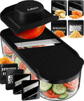 Fullstar Essential Mandoline Vegetable Slicer & Julienne Cutter | 4 in 1 Compact Fruit Cutter, Cucumber Slicer & Cheese Grater, with Stainless Steel Blades, Guard & 3-Cup Container (Black)