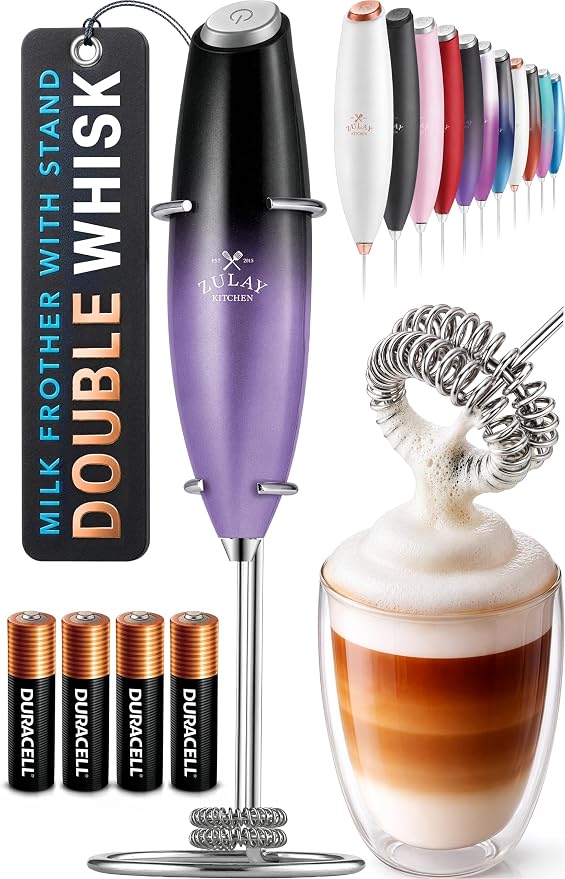 Zulay Kitchen Powerful Milk Frother Wand With Duracell Batteries - Ultra Fast Handheld Drink Mixer - Electric Whisk Foam Maker for Coffee, Lattes, Cappuccino & Matcha - Double Whisk - Black Purple