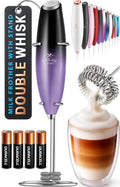 Zulay Kitchen Powerful Milk Frother Wand With Duracell Batteries - Ultra Fast Handheld Drink Mixer - Electric Whisk Foam Maker for Coffee, Lattes, Cappuccino & Matcha - Double Whisk - Black Purple