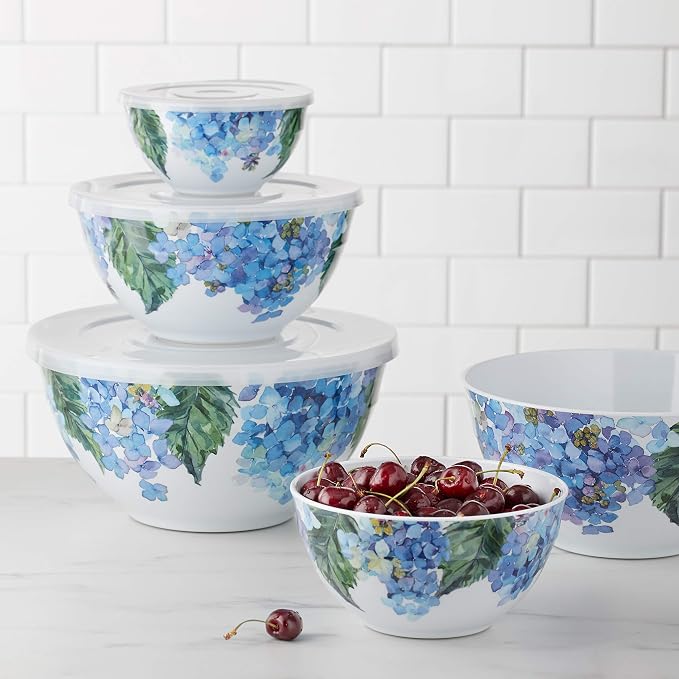 Amazon Basics Mixing Bowls with Lids, Nesting Melamine Serving Bowls, Non-Slip Base, BPA Free, Dishwasher Safe, 5 Sizes, Hydrangea Floral, Set of 10 (Pack of 2)